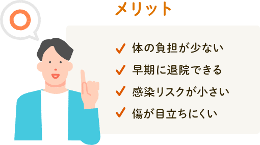 体の負担が少ない 早期に退院できる 感染リスクが小さい 傷が目立ちにくい